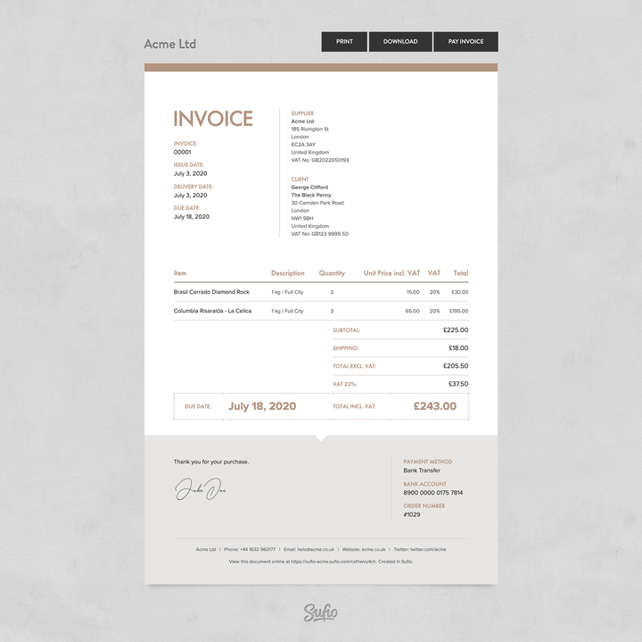 Online invoices in Sufio