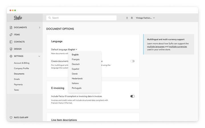 Select the default language for your documents