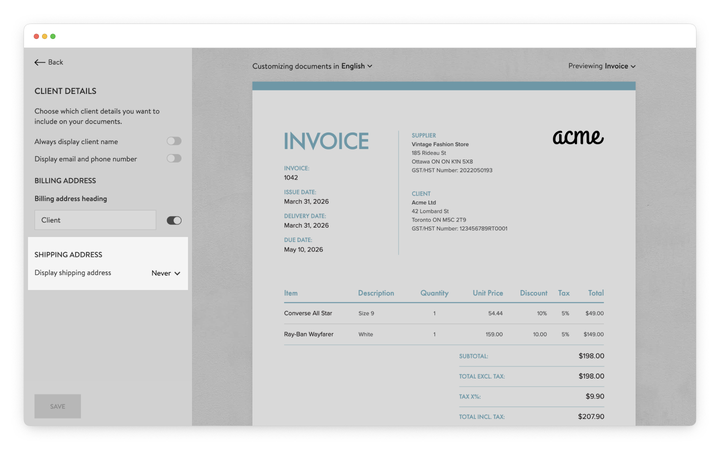 display the shipping address