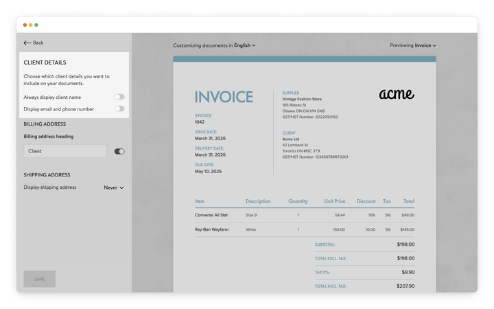 display the client's name and contact details