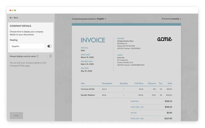 customize the company details heading