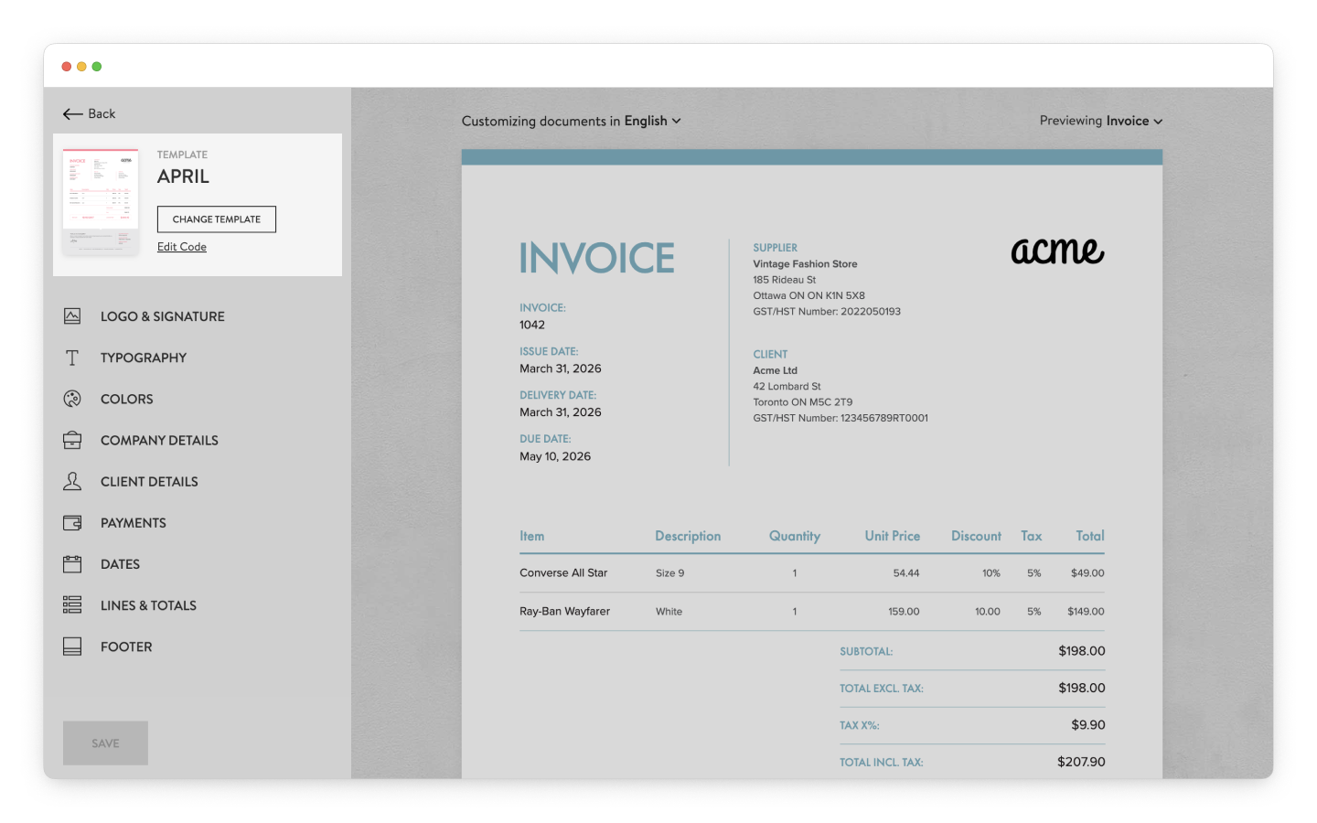 Select a Sufio's document template - Sufio for Shopify