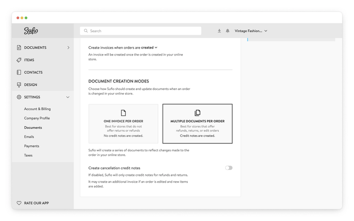 Automatic creation of credit notes