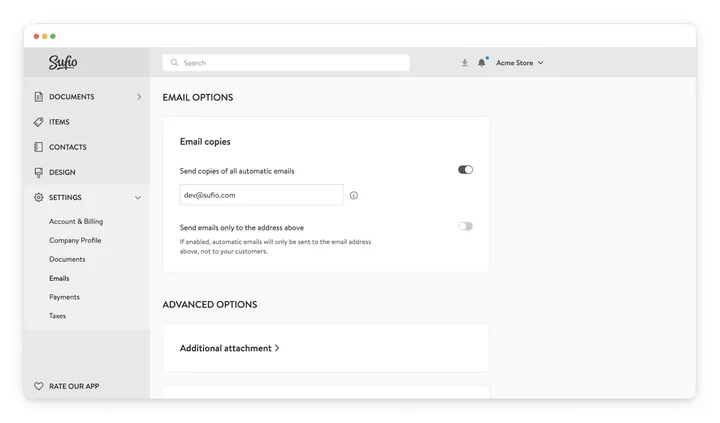Sufio's email options