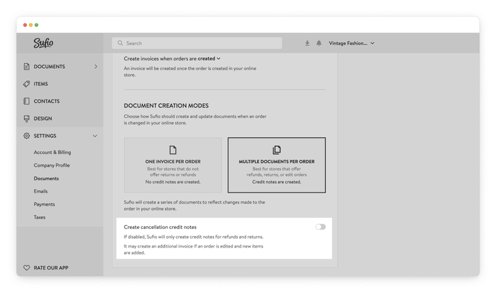 Create cancellation credit notes