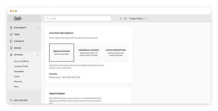 Select line item descriptions for regular and commercial invoices