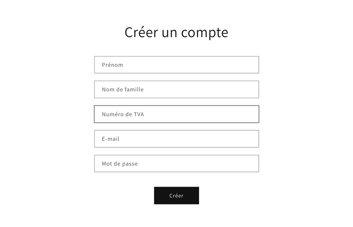 Formulaire d'inscription du client avec le champ du numéro de TVA