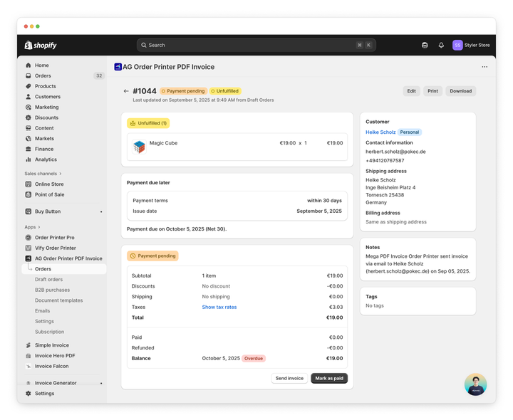 Avada AG Order Printer PDF Invoice