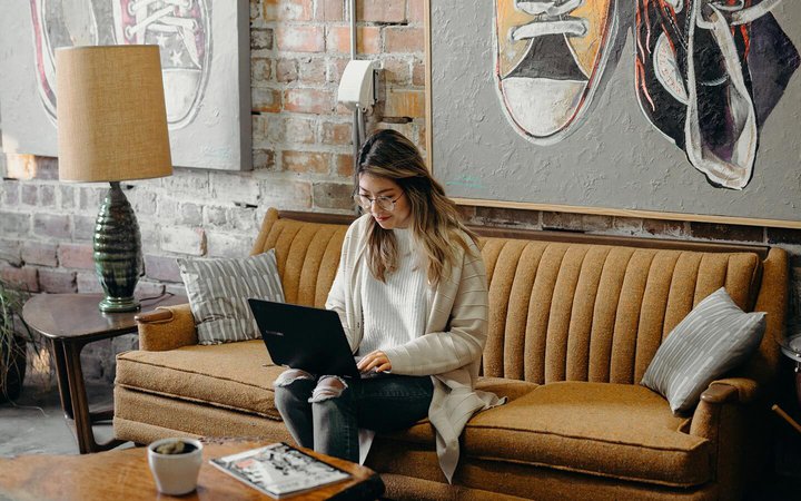 Customer feedback woman using laptop