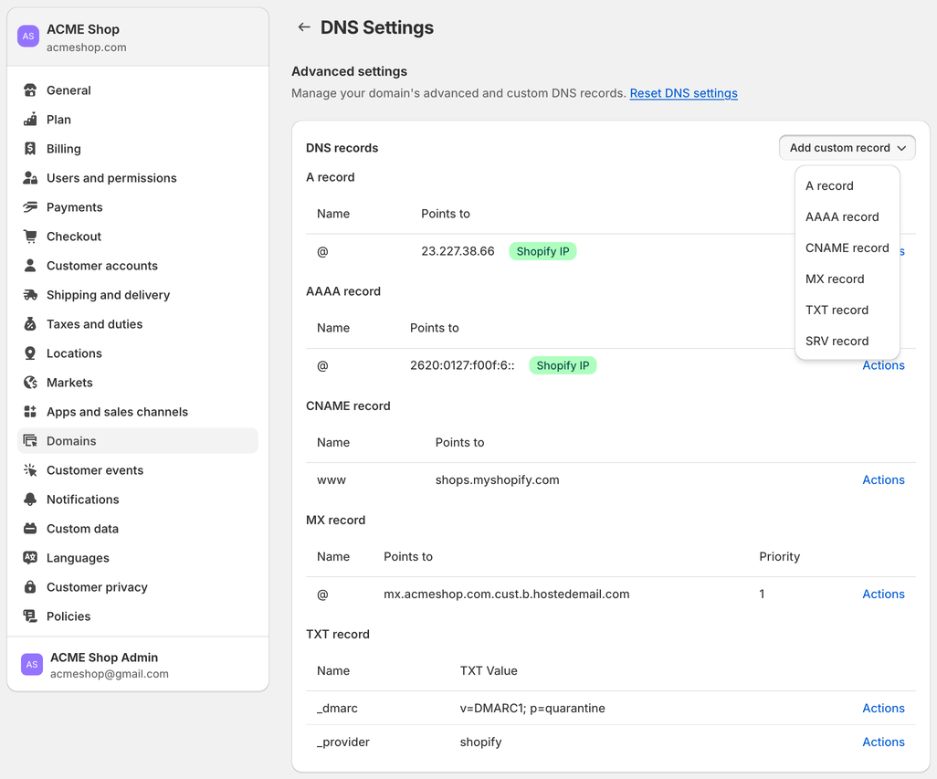 Shopify DNS Settings view