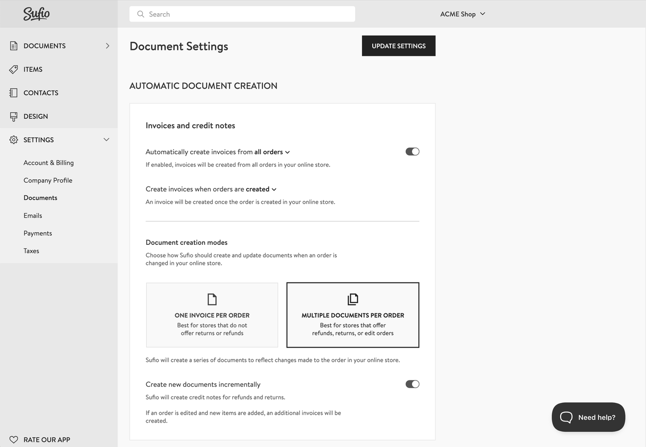 Invoice creation settings