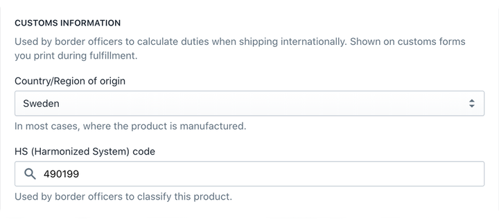 adding a new HS (or HSN) code into HS code field with Country/Region of origin value