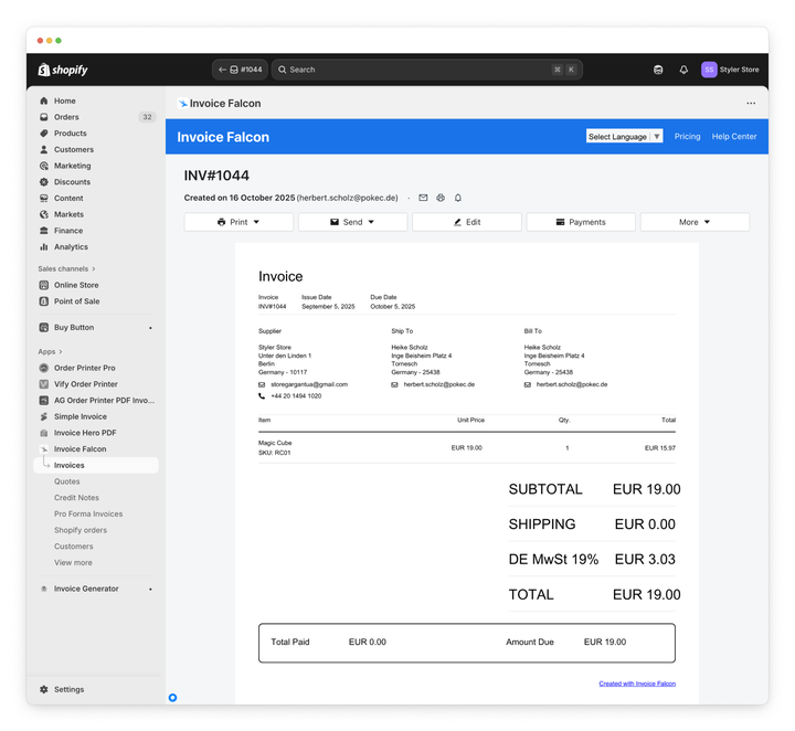 Invoice Falcon invoice detail