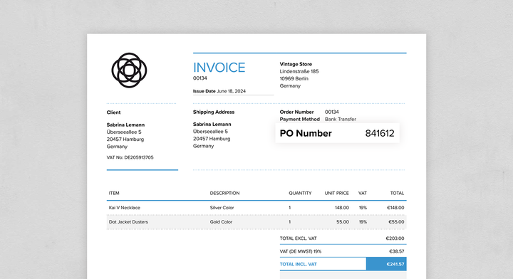 Shopify invoice with PO Number