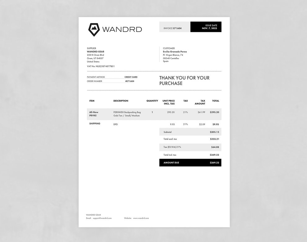 WANDRD Invoice