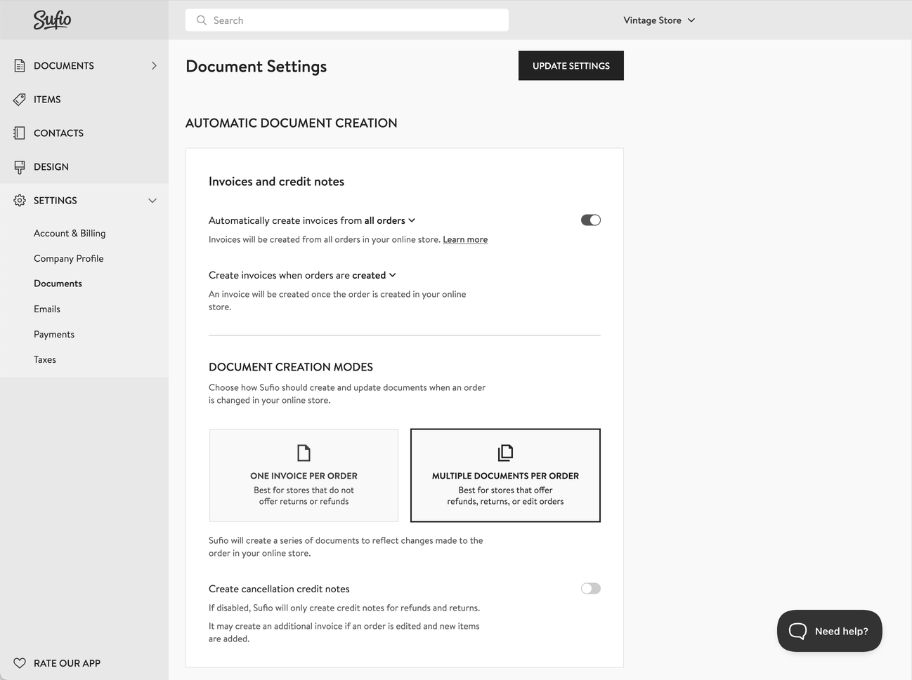 Invoice creation settings new