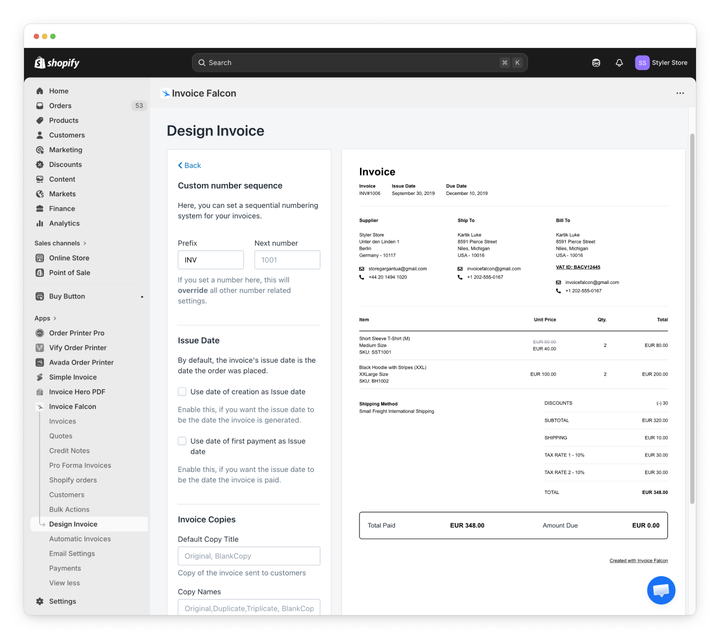 Invoice Falcon invoice numbering