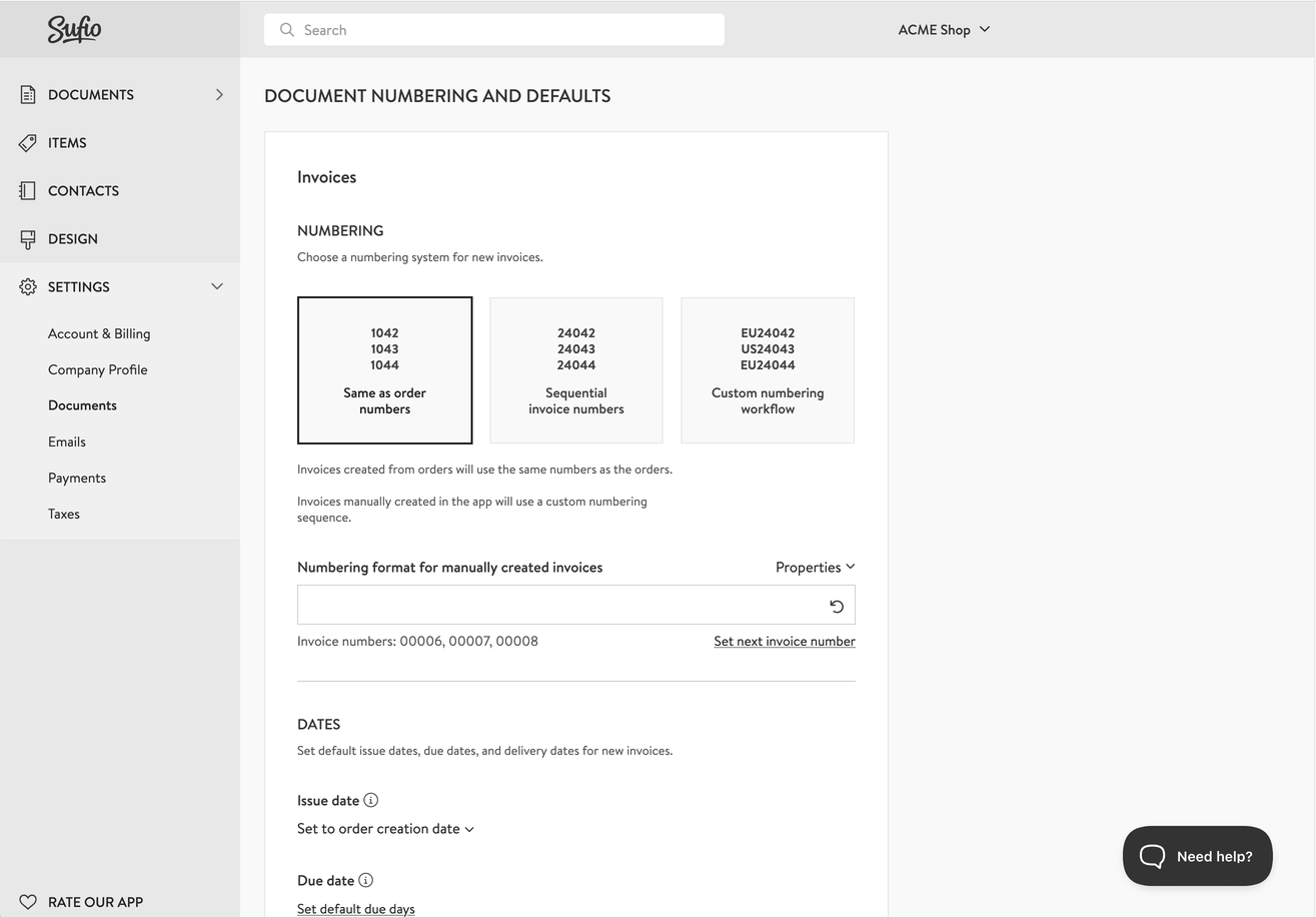 Invoice numbering settings