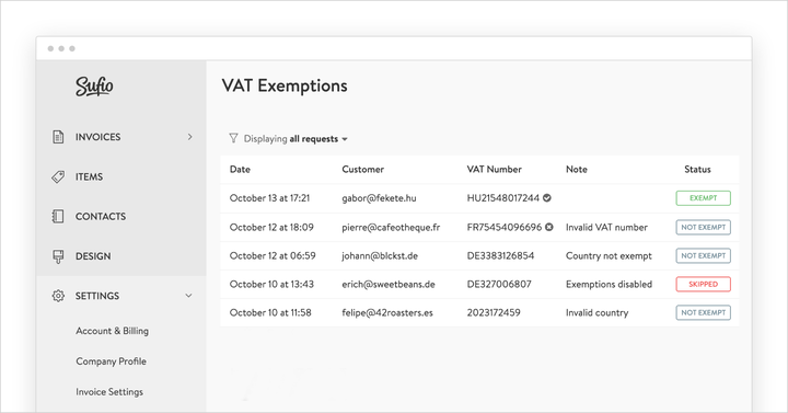 New View VAT Exemptions page in Sufio