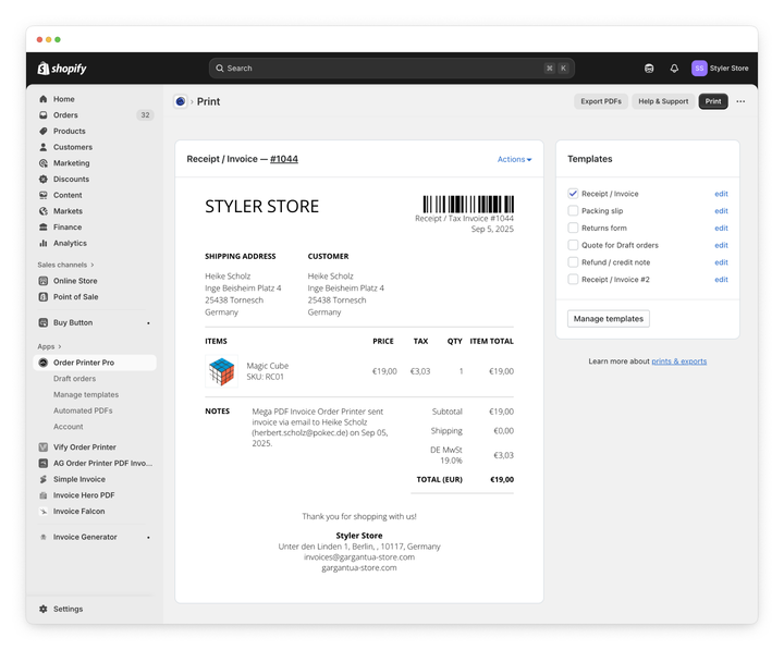 Order Printer Pro invoice detail
