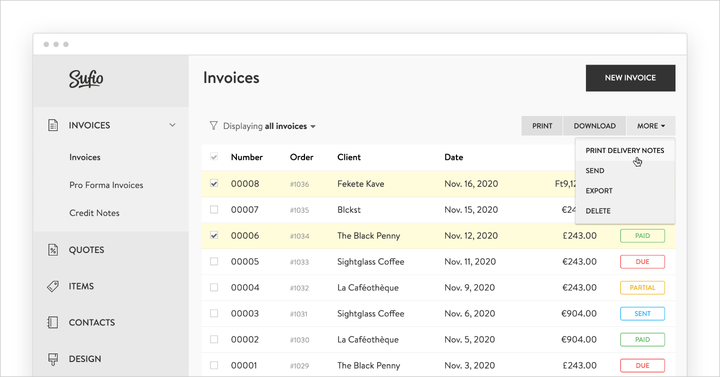 Print delivery notes for multiple orders in Sufio