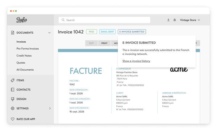 French Shopify e-invoice submitted with Sufio
