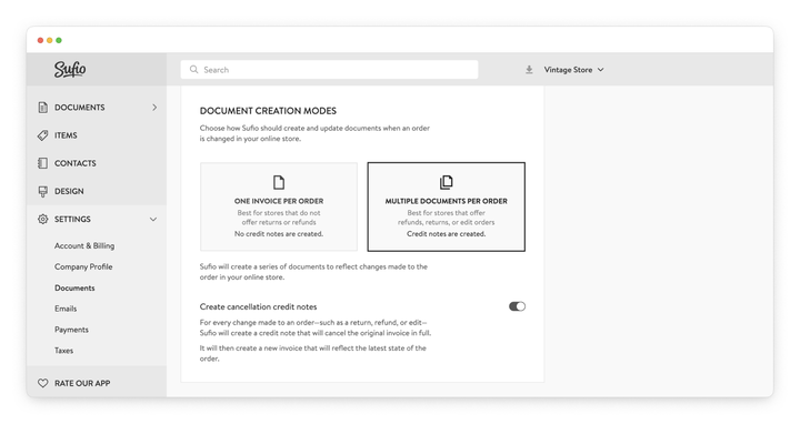 Shopify invoice creation modes in Sufio