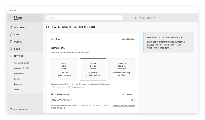 Shopify invoice numbering in Sufio