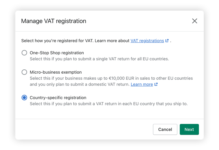 Shopify Tax settings for Country-Specific registration