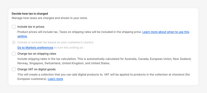 Shopify tax settings