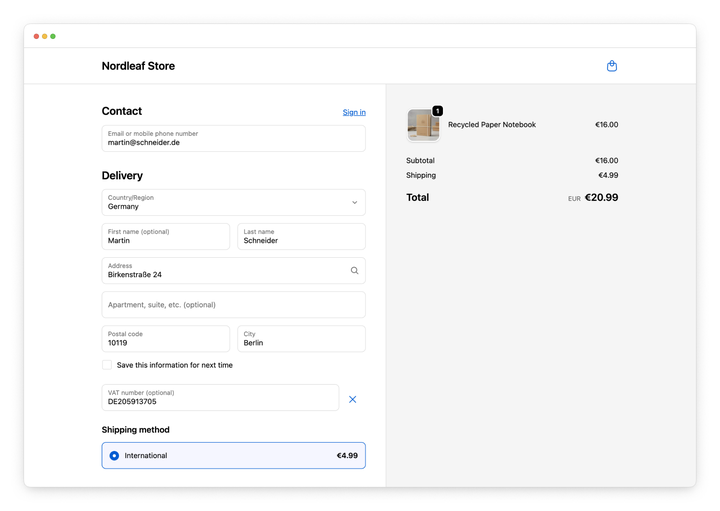 Shopify checkout Vat number validation