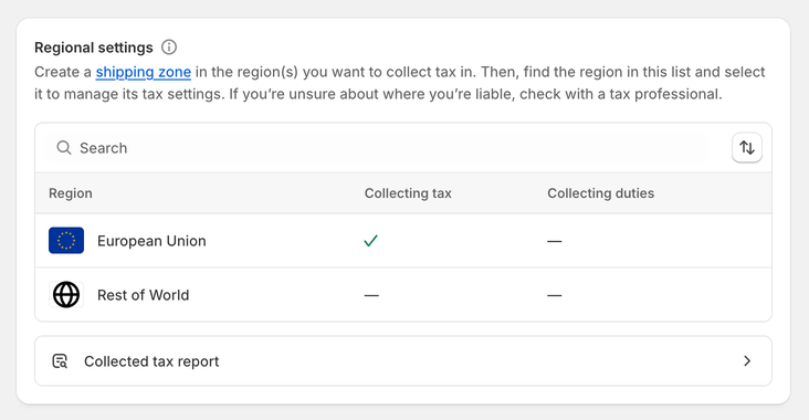 Tax collections settings in Shopify