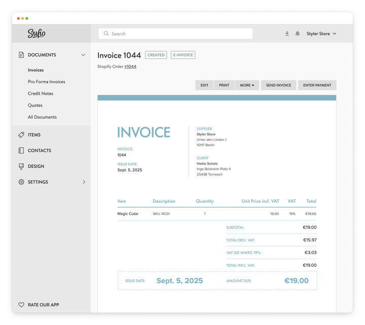 Sufio Shopify invoice detail