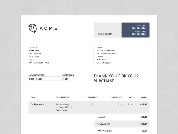 Sufio invoice with hs-codes and coo values