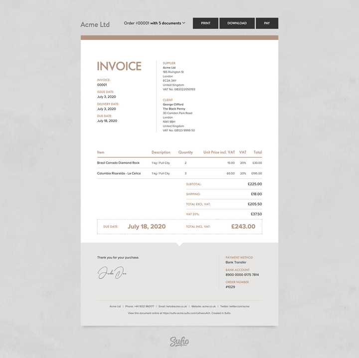 The online version of the invoice