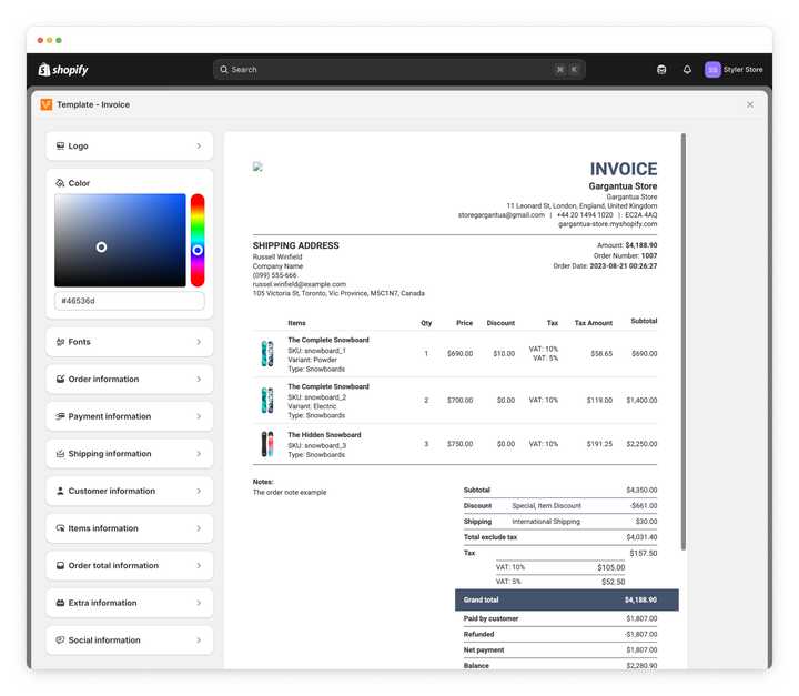 Vify Order Printer invoice design